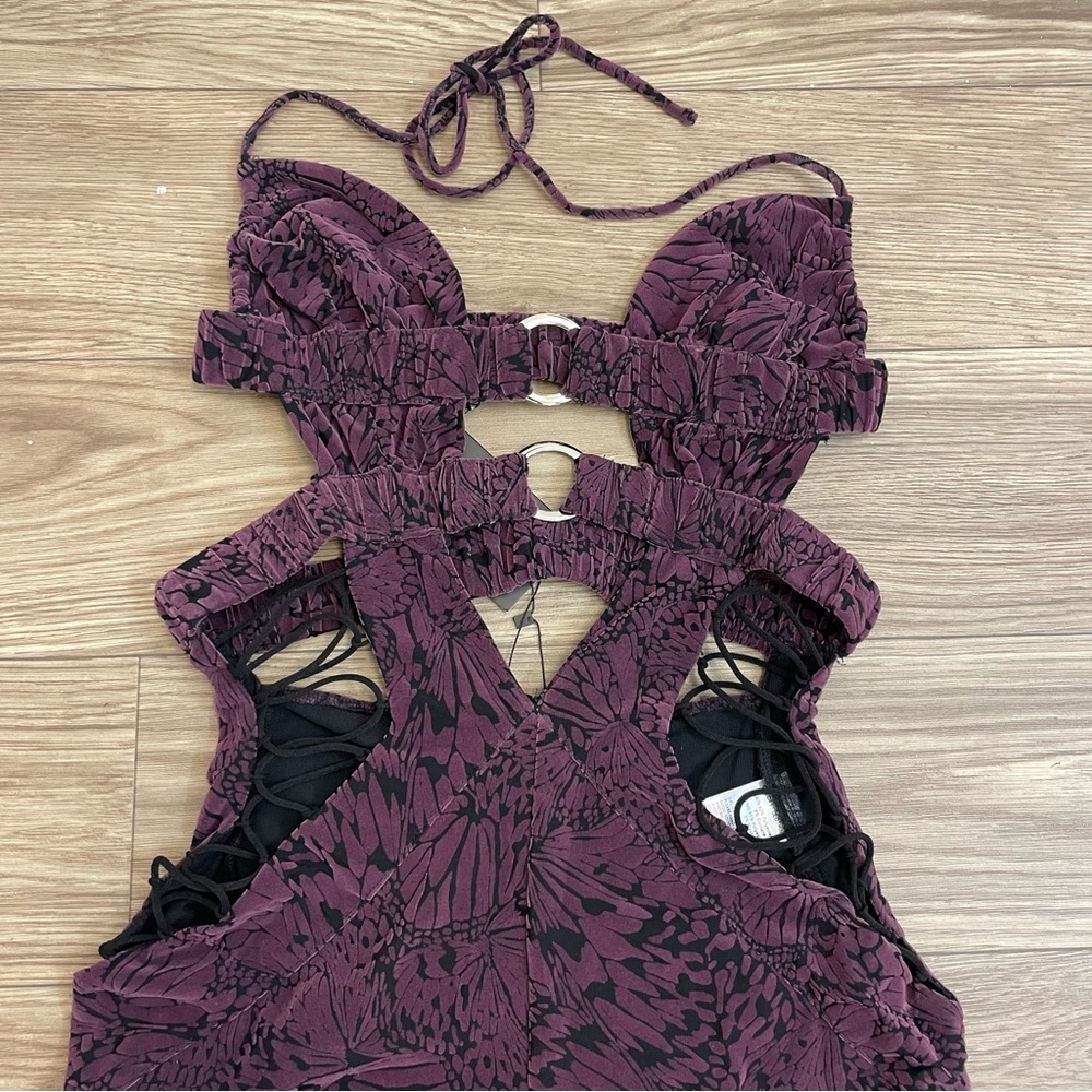 Outcast Clothing Jett Purple Butterfly Burnout Velour Sexy Jumpsuit - Picture 3 of 13